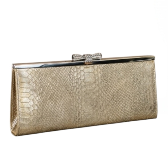 INC International Concepts "Carolyn" Gold Snake Print Rhinestone Bow Clutch NWOT - Picture 5 of 9